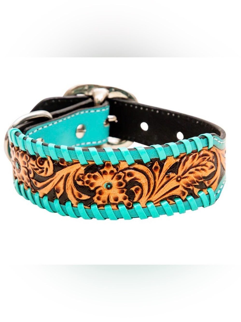 MYRA ACETY HAND-TOOLED LEATHER DOG COLLAR TURQUOISE BUCKSTITCH LARGE 18”-22”